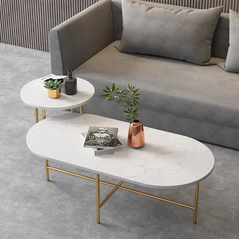 Coffee & Side Tables, With Marble Surface, Golden - E38