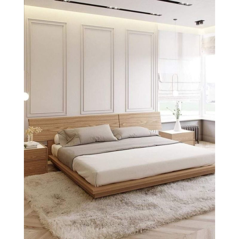 Modern Bed Set with 2 Nightstands, Blockboard wood, 160x200 cm – Wooden