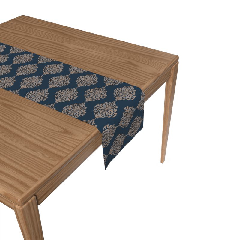 Damask Blue Table Runner, Canvas, Dark Blue / Beige - AR304