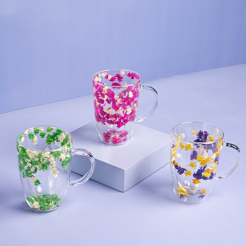 Flower Double Glass Mug, 350 ml, Multi-Colors - KM-EG55-133