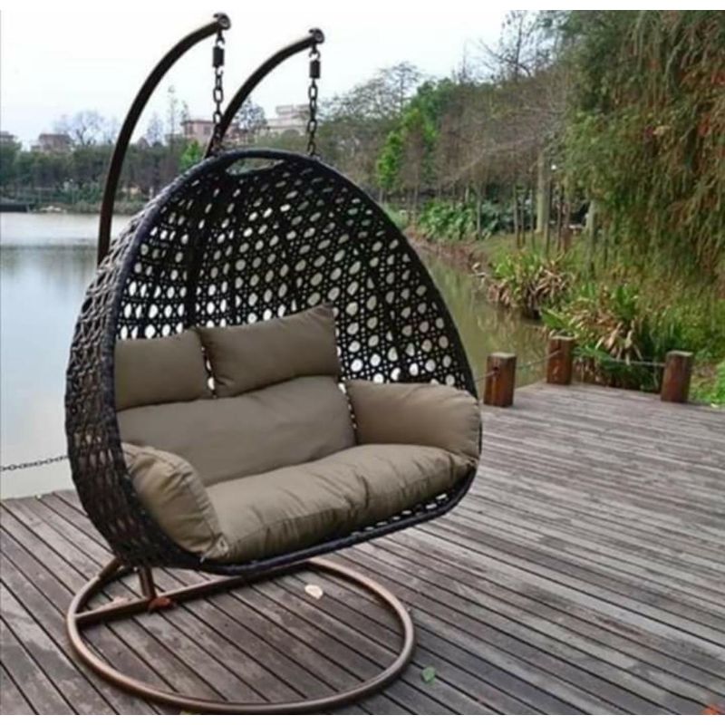Dark Brown Wicker Garden Swing Rattan Double Swing, Brown/Black