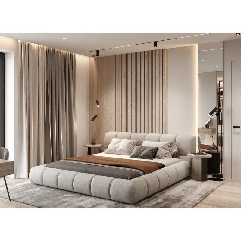 Beech wood And Velvet Bed, multi sizes - Beige AT21