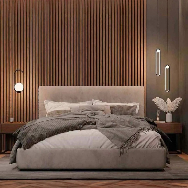 Beech wood and linen Bed, 160×200 cm - beige