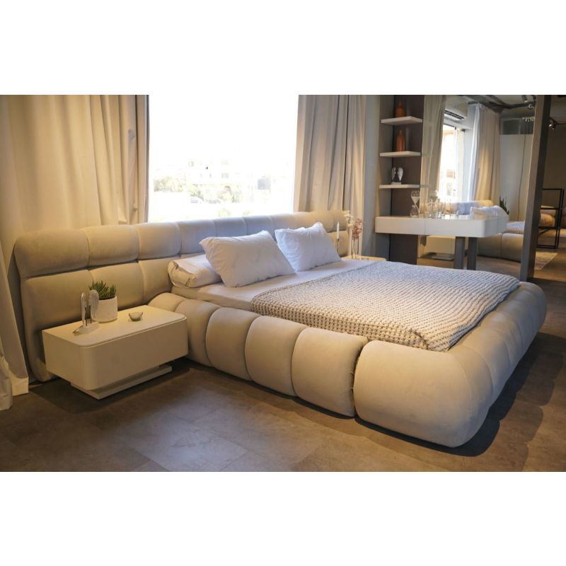 Beech Wood and Velvet Bed, Multi sizes - Beige AT12