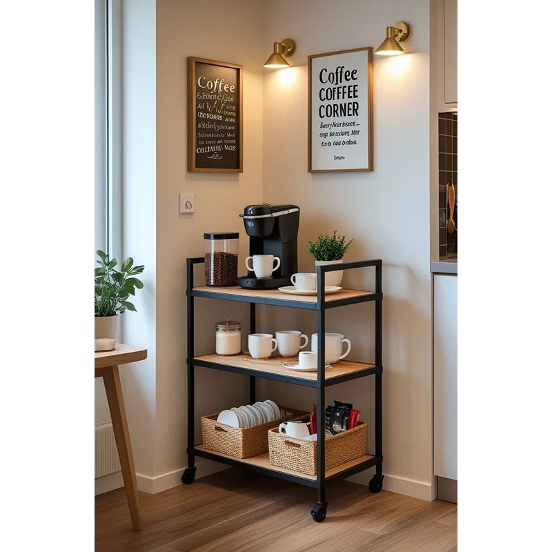 Wheeled Coffee Corner, 40 cm, Wood/Black - KM-EG157-36