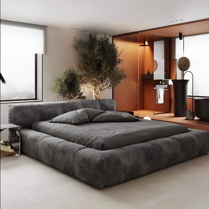 Pine And MDF Wood And Suede and Velvet Fabric Bed, 160×200×90 cm - Grey