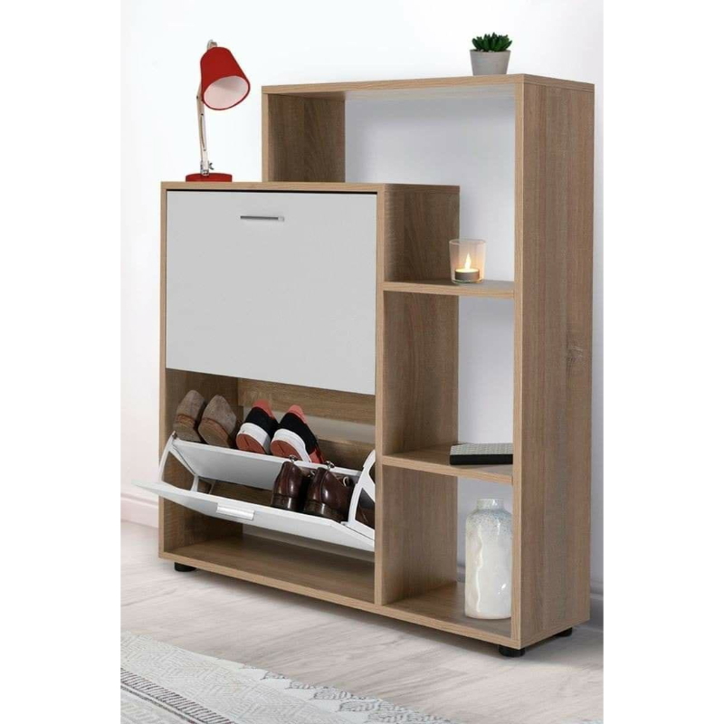 Shoe Cabinet , 90 cm, White/Wood - KM-EG167-52