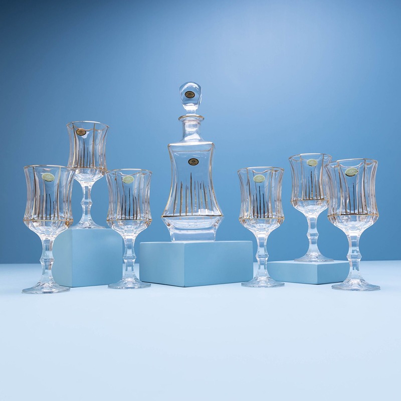 Crystal Glasses Set, 7 Pcs, Transparent/Gold - KM-EG55-391