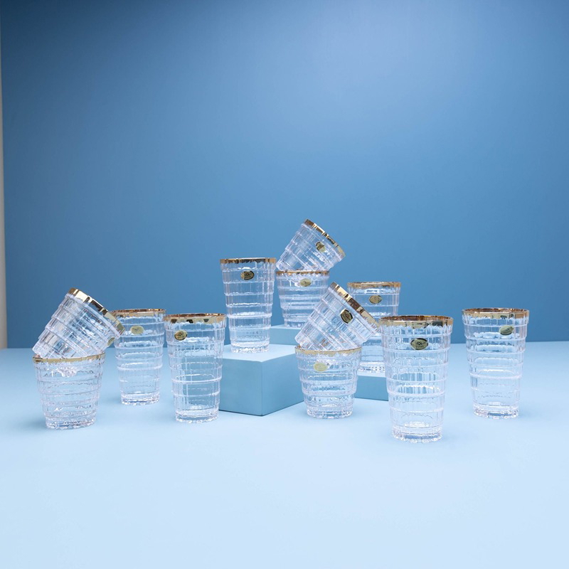 Twin Gilded Glasses Set, 12 Pcs, Transparent/Gold - KM-EG55-392