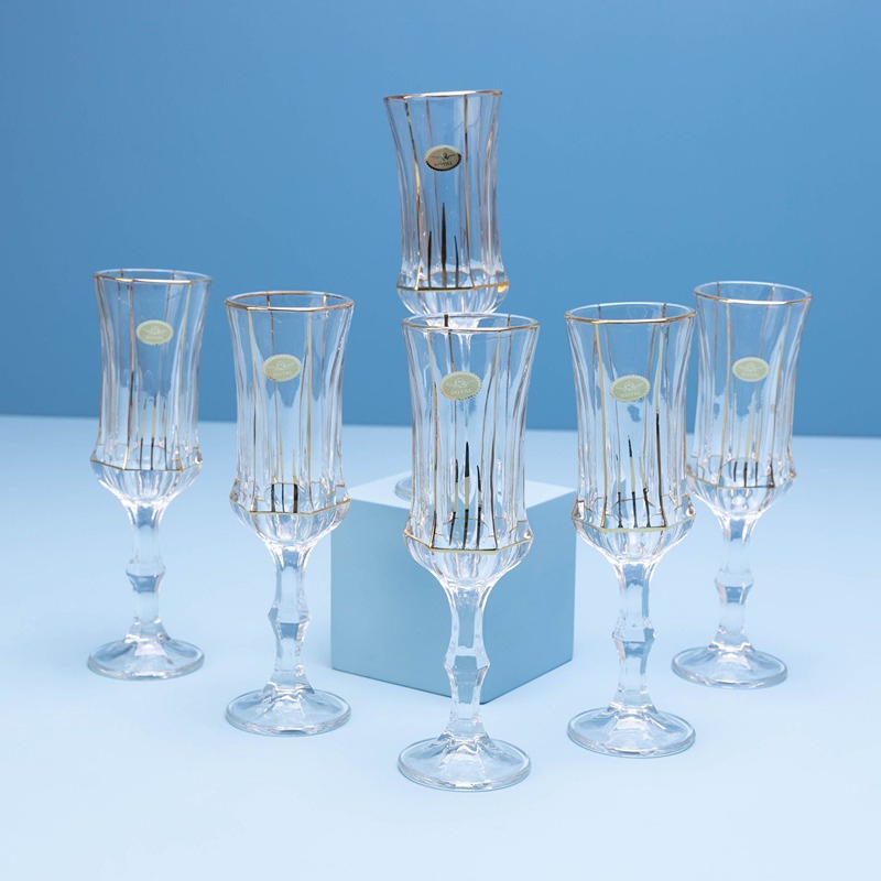 Flare Crystal Tall Glasses Set, 6 Pcs, Transparent/Gold - KM-EG55-396