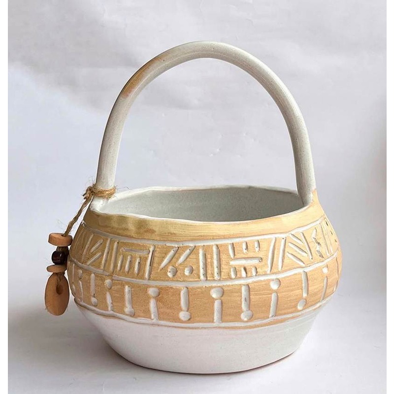 فازة فخارية, 20 سم, أبيض/ذهبي - KM-EG172-33