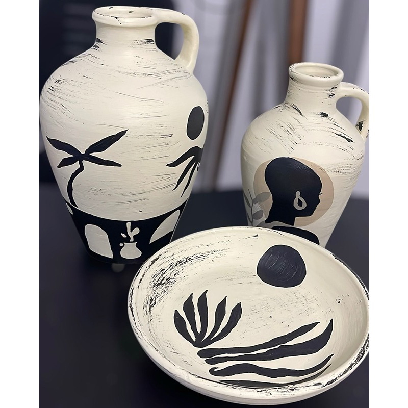 فازة فخارية, 3 قطع, أبيض/أسود - KM-EG172-37