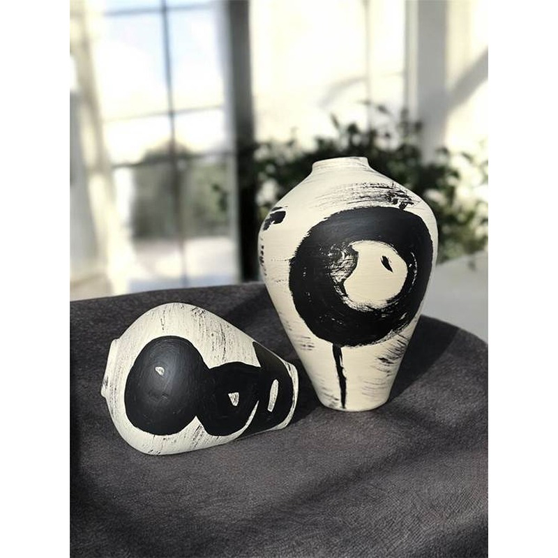 فازة فخارية, 2 قطع, أبيض/أسود - KM-EG172-50