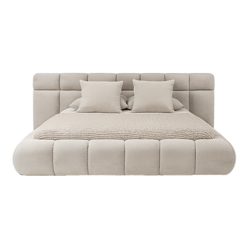 Beech Wood and Velvet Bed, Multi sizes - Beige AT12