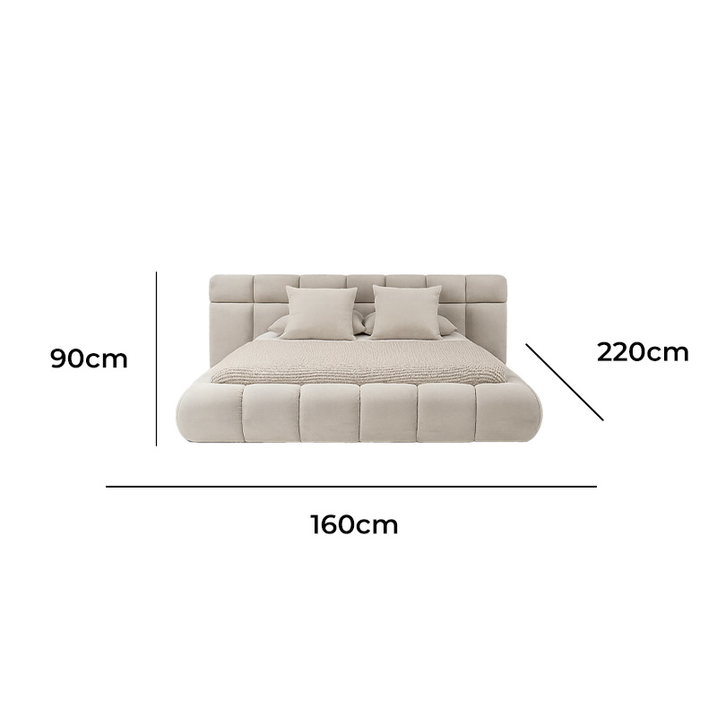 Beech Wood and Velvet Bed, Multi sizes - Beige AT12