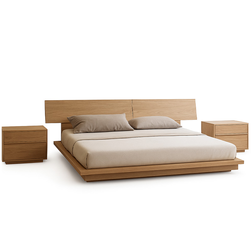 Modern Bed Set with 2 Nightstands, Blockboard wood, 160x200 cm – Wooden