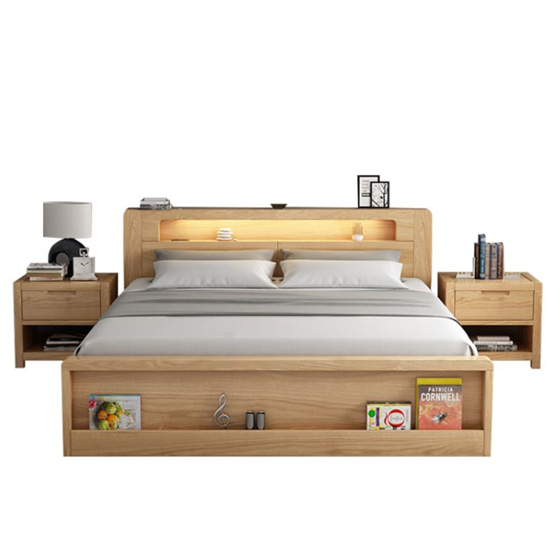 Set Bed with 2 Nightstand, Blockboard and beechwood, 200×160×120 cm - Wood