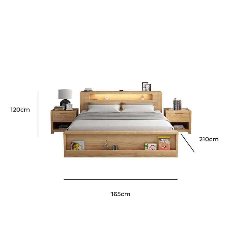 Set Bed with 2 Nightstand, Blockboard and beechwood, 200×160×120 cm - Wood