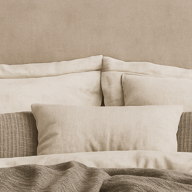 Beech wood and linen Bed, 160×200 cm - beige