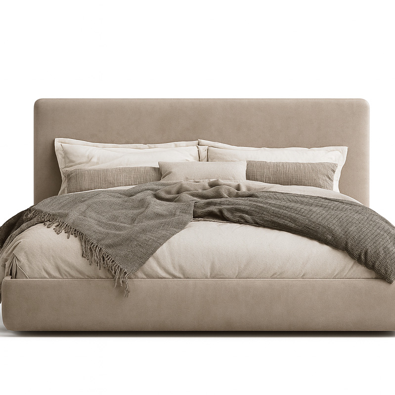 Beech wood and linen Bed, 160×200 cm - beige