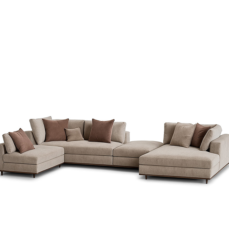 Beech wood and Upturned Leather Corner sofa, 360×230 cm- Beige