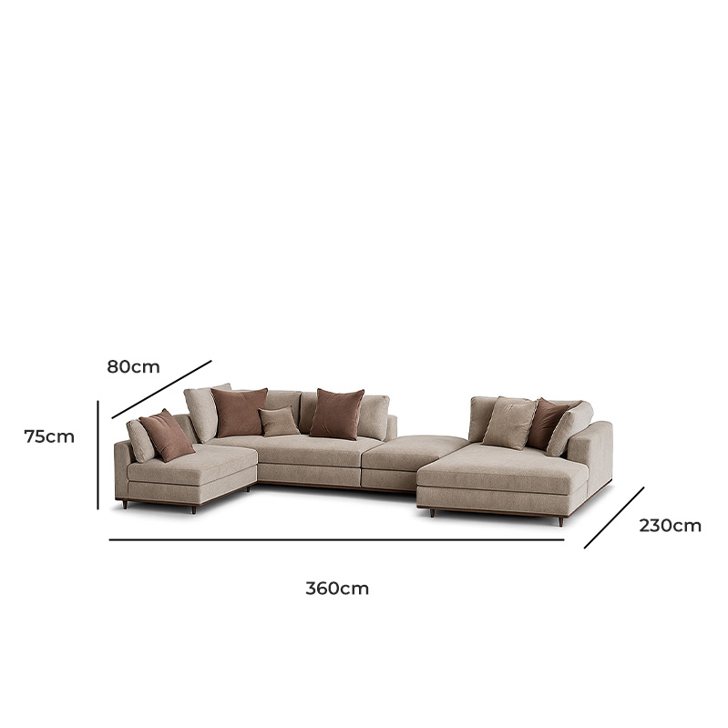 Beech wood and Upturned Leather Corner sofa, 360×230 cm- Beige