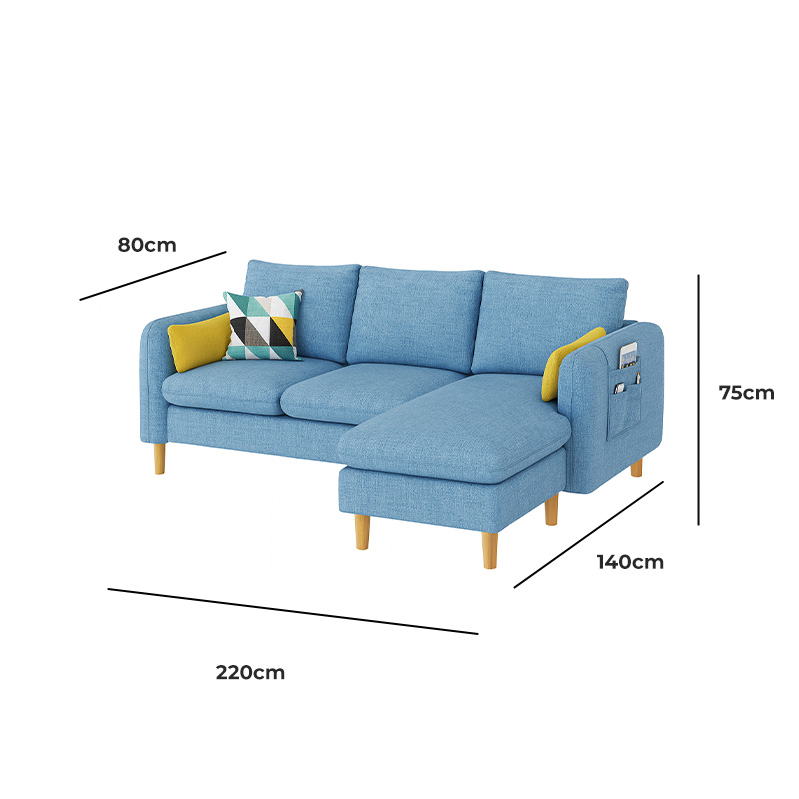 Set Corner Sofa With Pouffe, Beech Wood And Linen, 220×140 cm - Blue