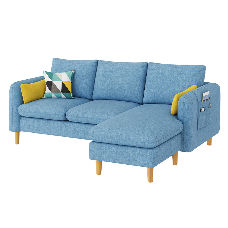 Set Corner Sofa With Pouffe, Beech Wood And Linen, 220×140 cm - Blue