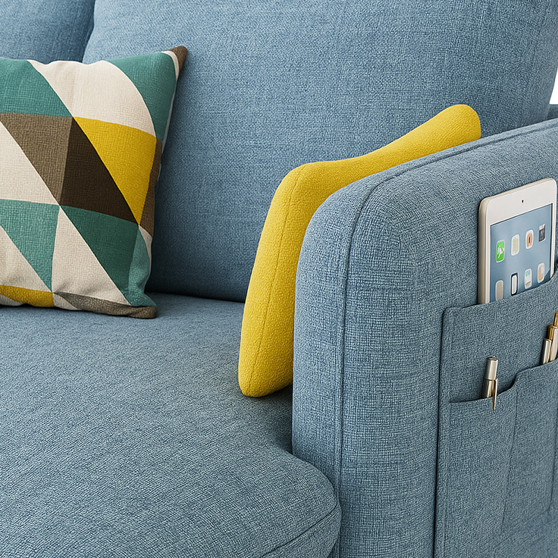 Set Corner Sofa With Pouffe, Beech Wood And Linen, 220×140 cm - Blue