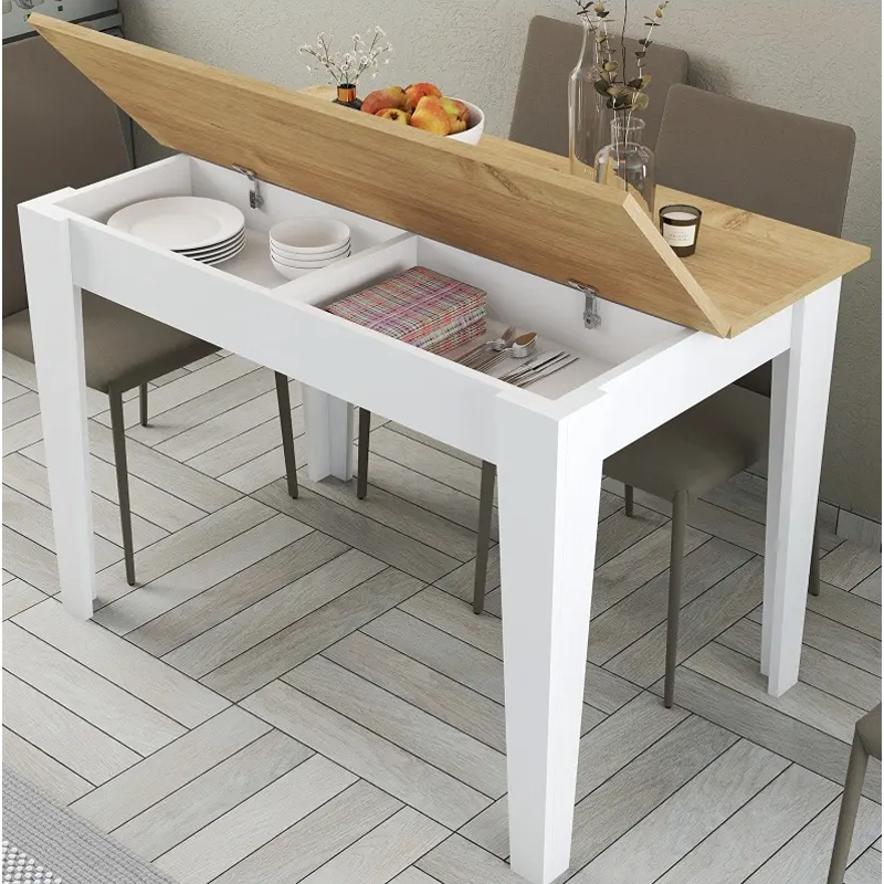 طاولة طعام مع مساحة تخزين، 110 سم، أبيض/خشبي - KM-EG67-53
