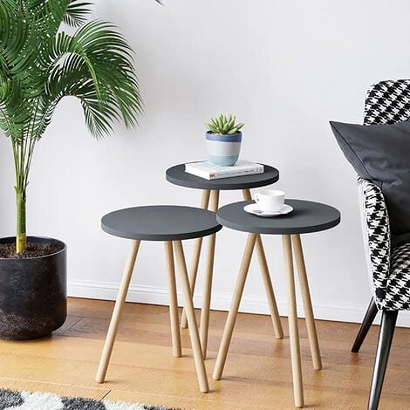 Side Tables Set, 3 Pcs, Black/Wood - KM-EG102-184