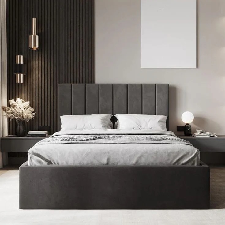 Bed With Two Night Stands, Multiple Sizes, Dark Grey - KM-EG28-400