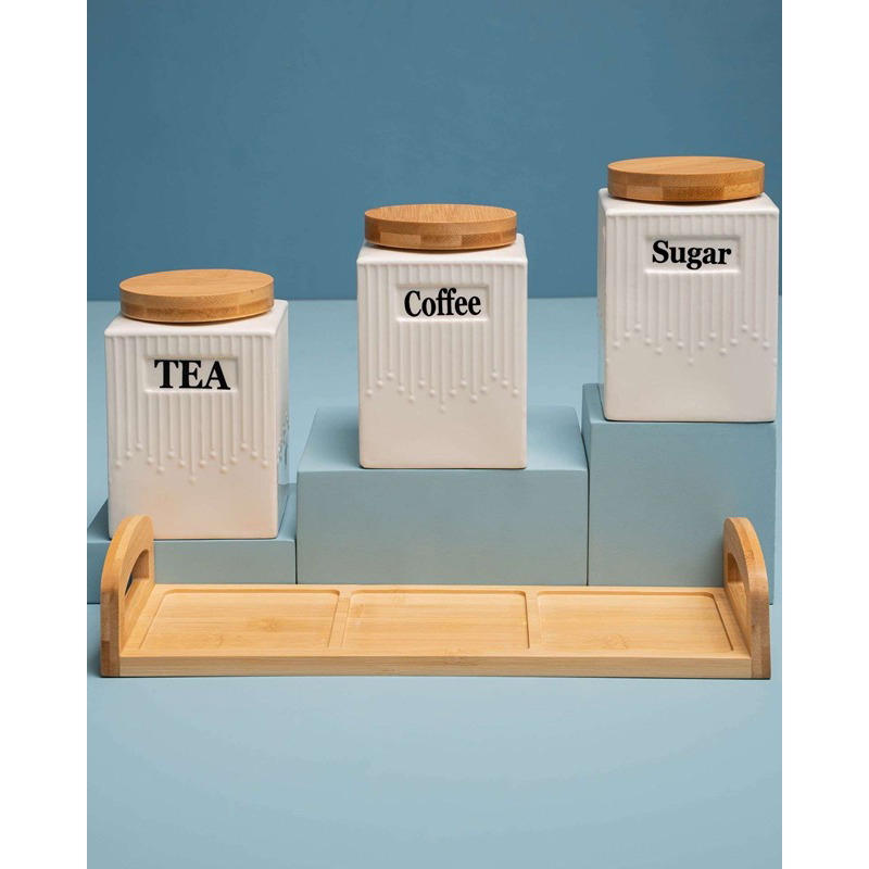 طقم حاويات بورسلين مع حامل خشبي، 4 قطع، أبيض/خشبي - KM-EG55-512