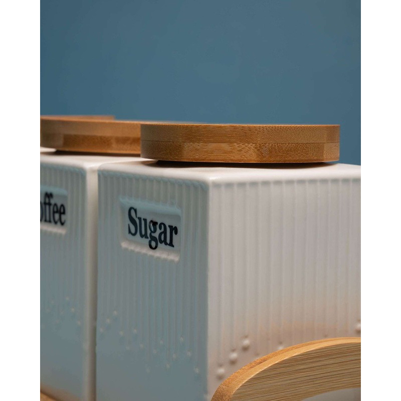 طقم حاويات بورسلين مع حامل خشبي، 4 قطع، أبيض/خشبي - KM-EG55-512