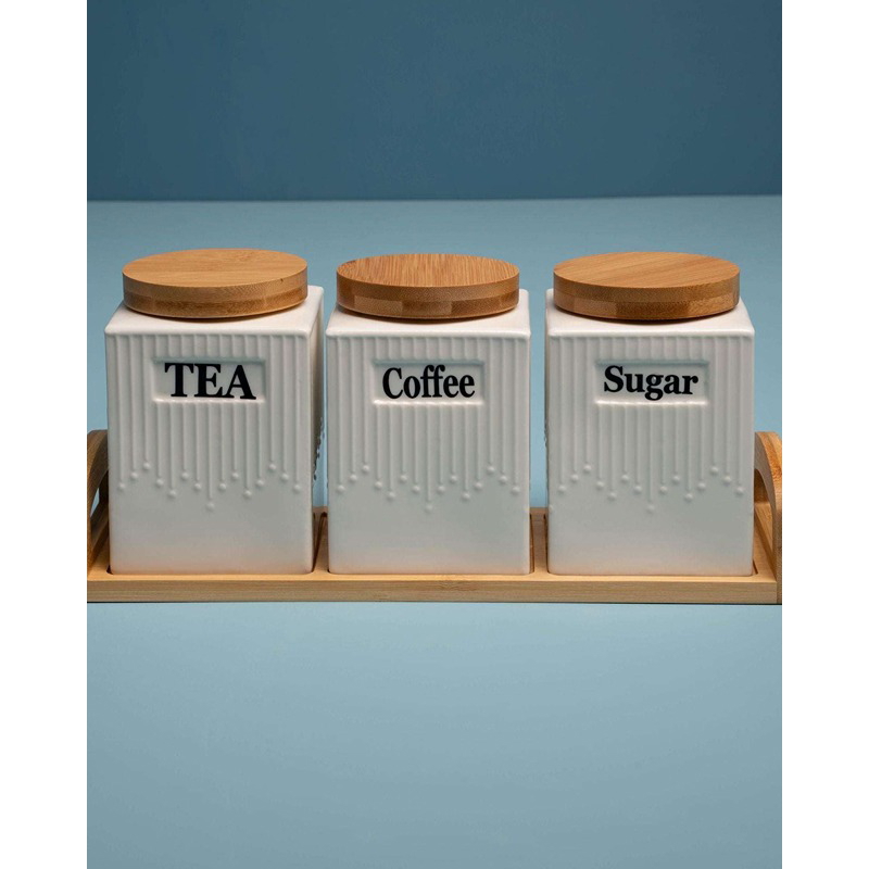 طقم حاويات بورسلين مع حامل خشبي، 4 قطع، أبيض/خشبي - KM-EG55-512