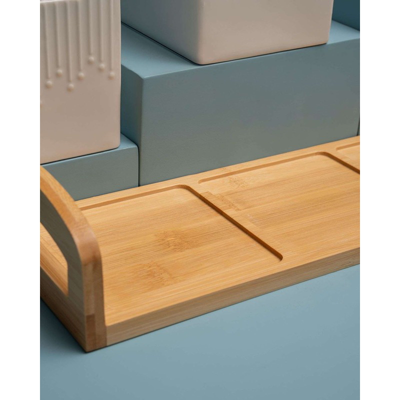 طقم حاويات بورسلين مع حامل خشبي، 4 قطع، أبيض/خشبي - KM-EG55-512