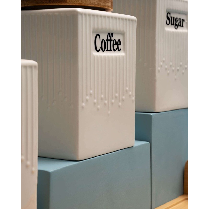 طقم حاويات بورسلين مع حامل خشبي، 4 قطع، أبيض/خشبي - KM-EG55-512