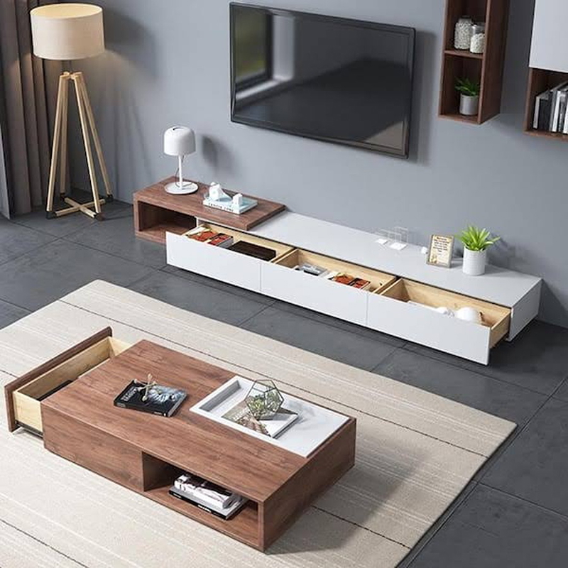 TV Unit & Coffee Table Set, 2 Pcs, White/Light Brown - KM-EG140-205