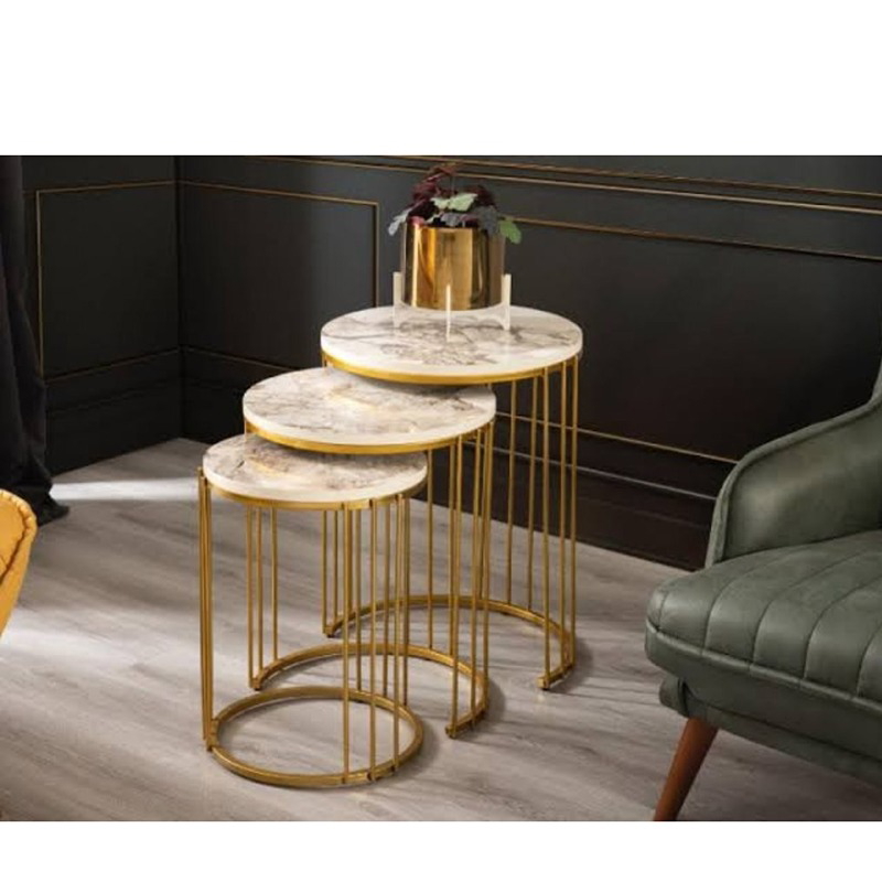 طقم طاولات جانبية، 3 قطع، أبيض/ذهبي - KM-EG179-239