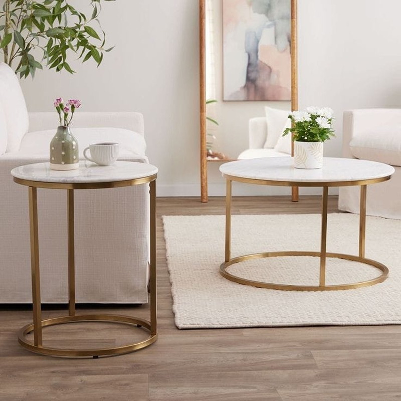 Coffee Tables Set, 2 Pcs, White/Gold - KM-EG177-47