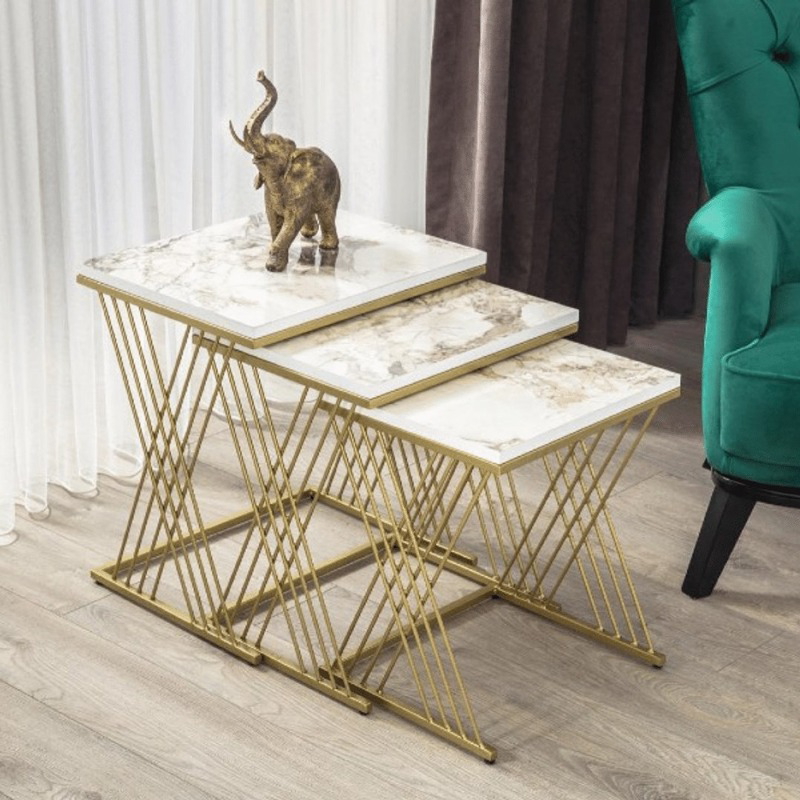 Side Tables Set, 3 Pcs, White/Gold - KM-EG177-75