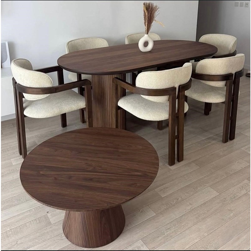 Dining Table With Chairs, 7 Pcs, Brown/Off White - KM-EG128-09