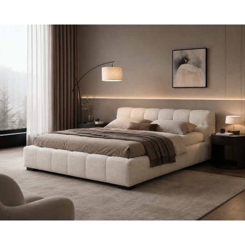 Red Beech Wood Velvet Mechanism Bed, Multiple Sizes - Beige