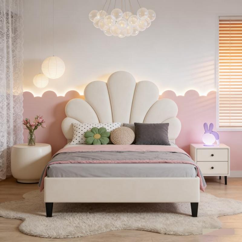 Scalloped Bed, 160 cm, Beige - KM-EG118-92